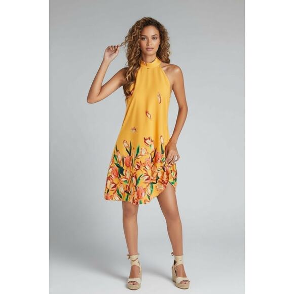 Women’s Halter Floral Short Dress Size XS Yellow Summer Vacation Resortwear - Picture 2 of 8